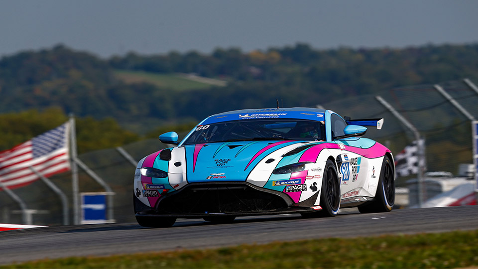 No. 60 Aston Martin Vantage GT4 on track at Mid-Ohio Sports Car Course