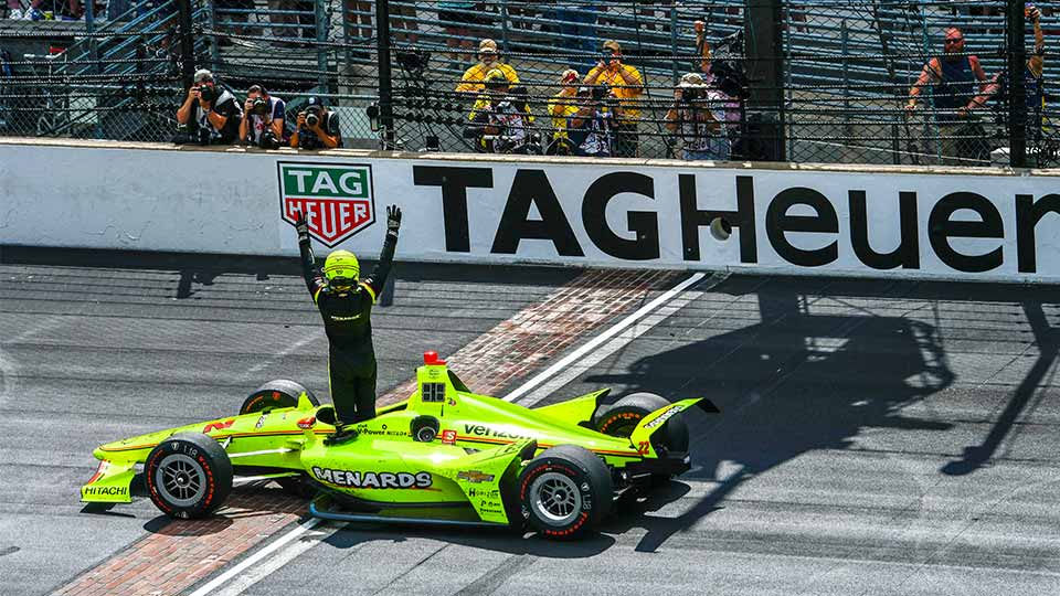 Simon Pagenaud celebrates his Indy 500 win