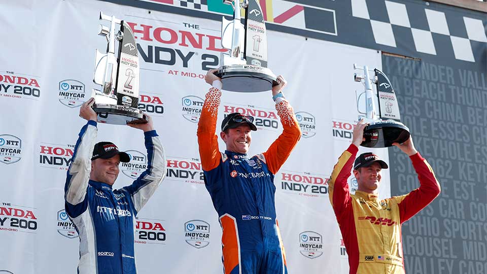 Scott Dixon, Felix Rosenqvist and Ryan Hunter-Reay on the podium at Mid-Ohio