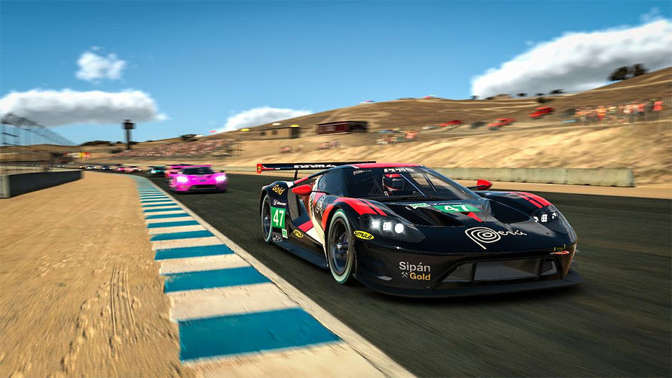 IMSA cars on track on the iRacing platform